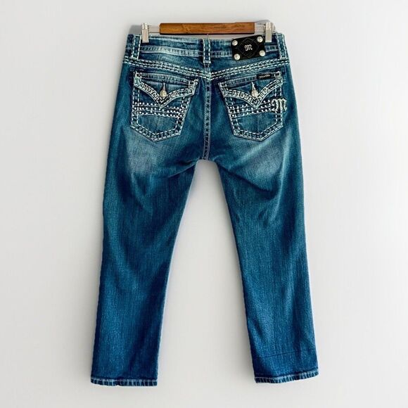 Miss Me Jeans Easy Capri Flap Pockets Thick Stitch Western Rhinestone Stretch 28 - Picture 1 of 12